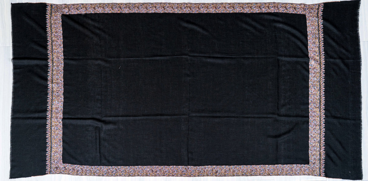 Midnight Paisley Pure Pashmina Hand Embroidered Sozni Shawl