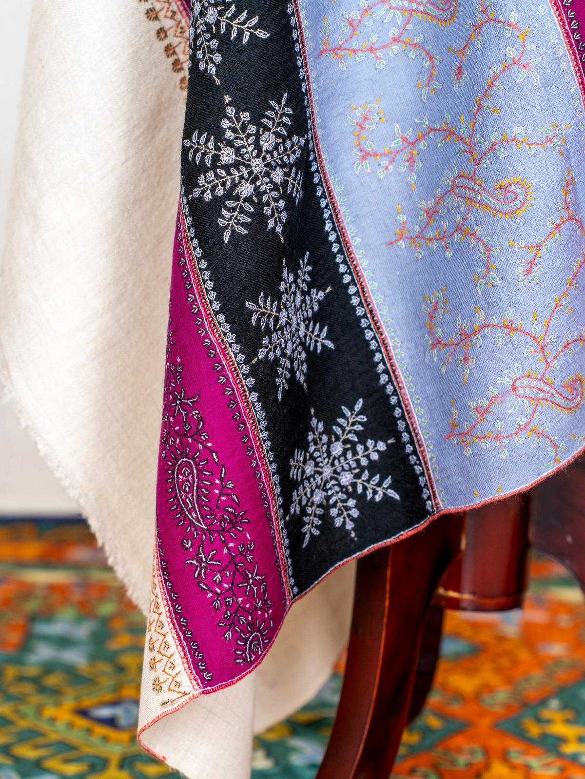 Fuchsia Panel Pure Pashmina Sozni Hand Embroidered Shawl
