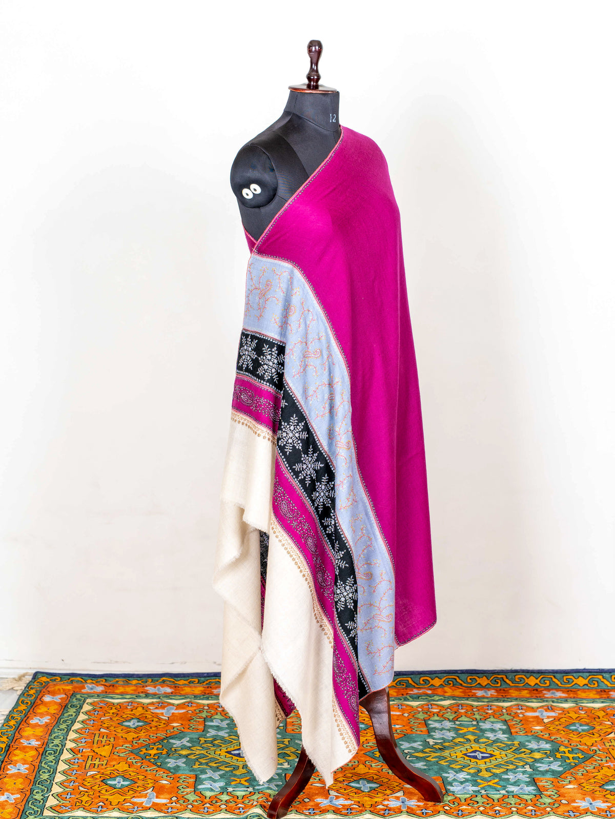 Fuchsia Panel Pure Pashmina Sozni Hand Embroidered Shawl