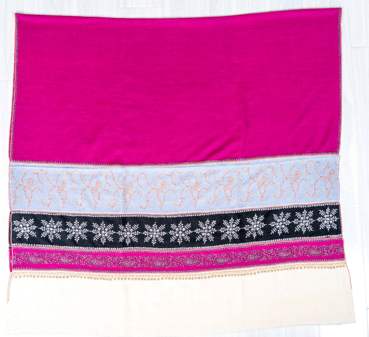 Fuchsia Panel Pure Pashmina Sozni Hand Embroidered Shawl