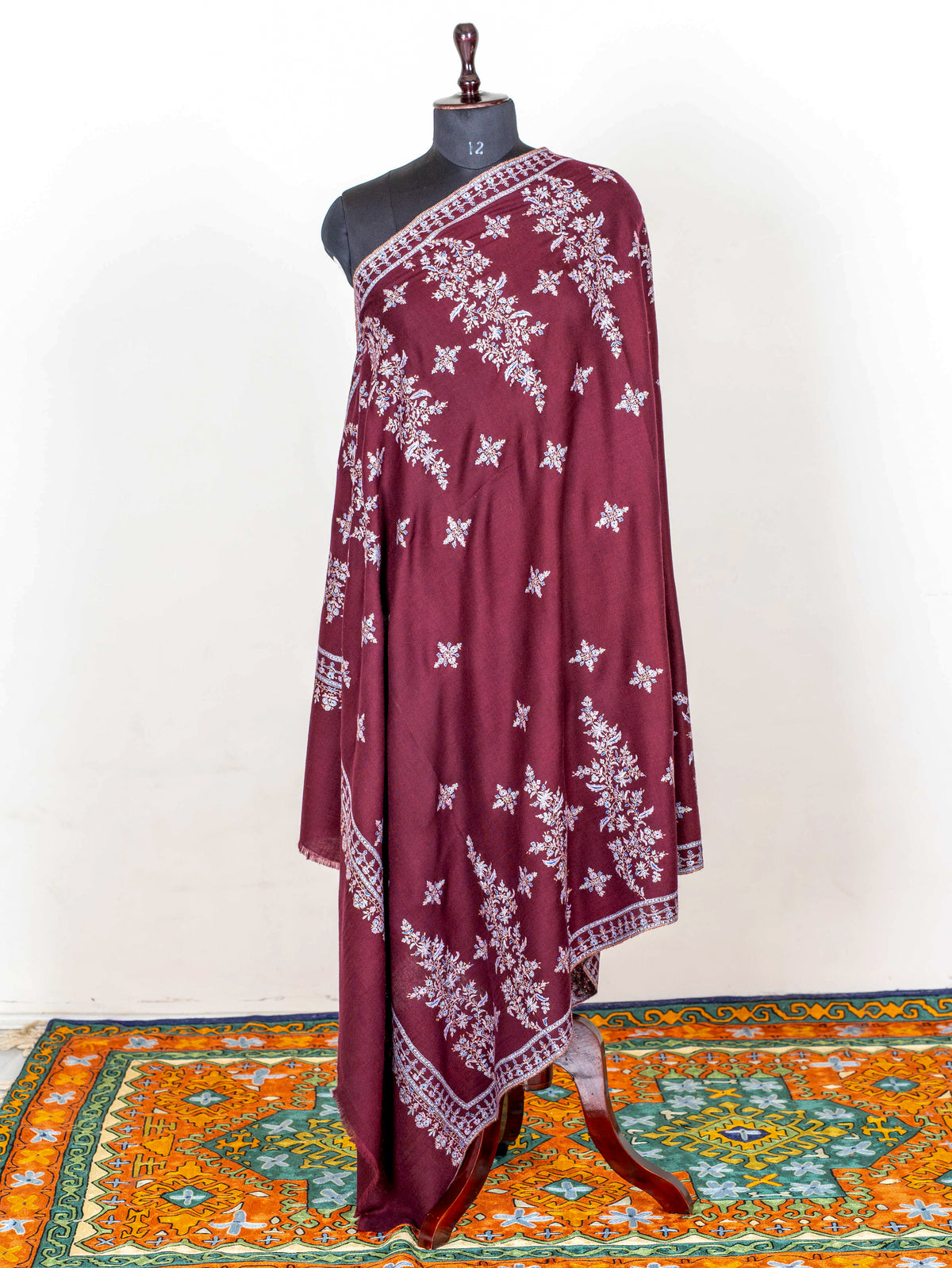 Wine Blossom Pure Pashmina Sozni Hand Embroidered Shawl