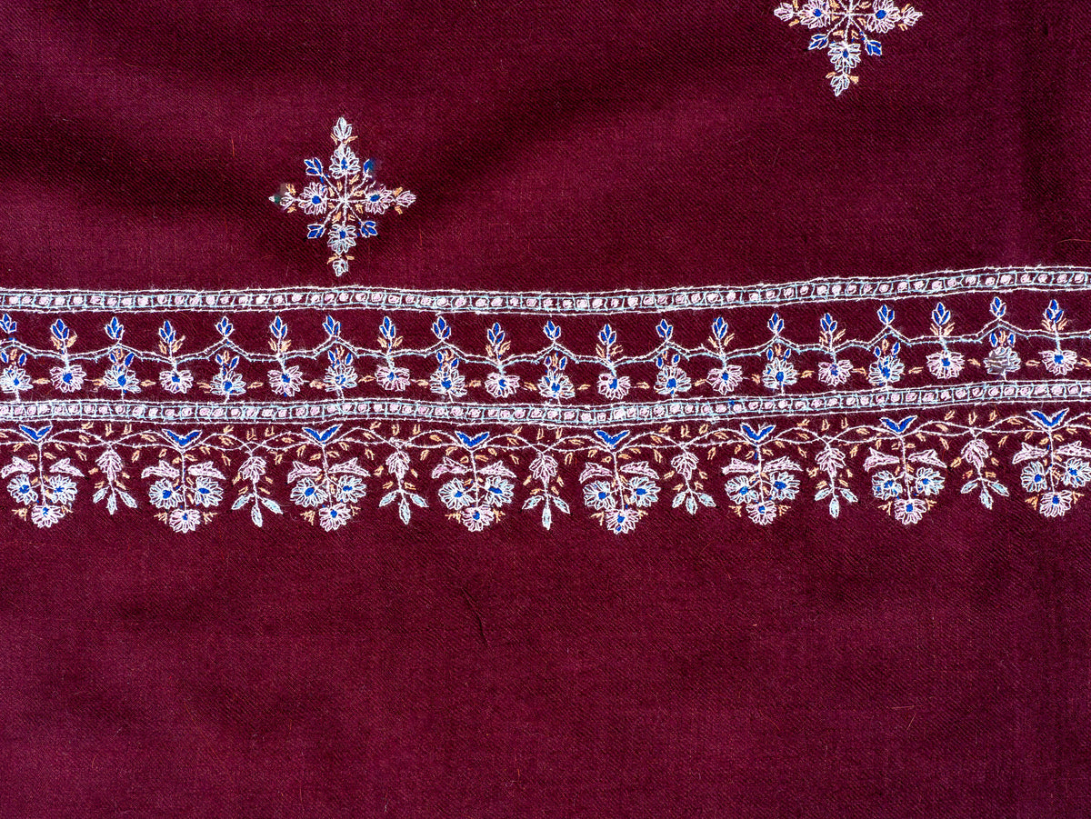 Wine Blossom Pure Pashmina Sozni Hand Embroidered Shawl