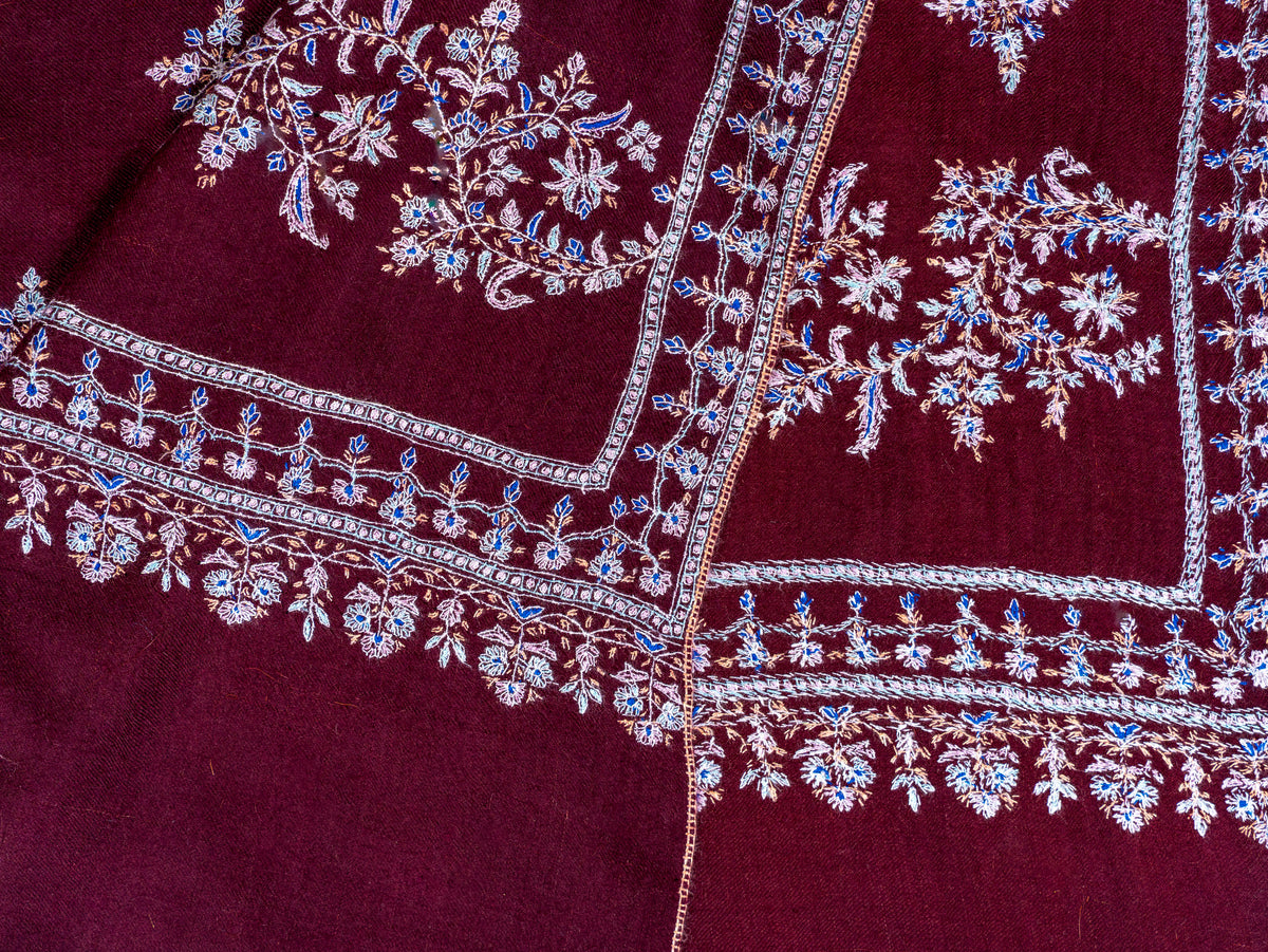 Wine Blossom Pure Pashmina Sozni Hand Embroidered Shawl