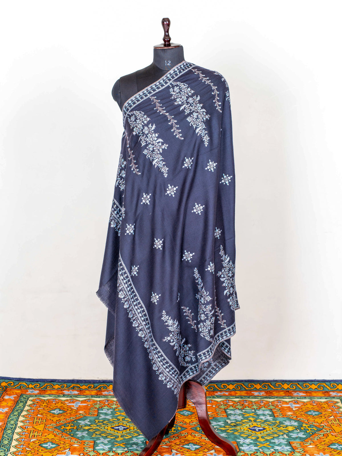 Moonlit Navy Pure Pashmina Sozni Hand Embroidered Shawl
