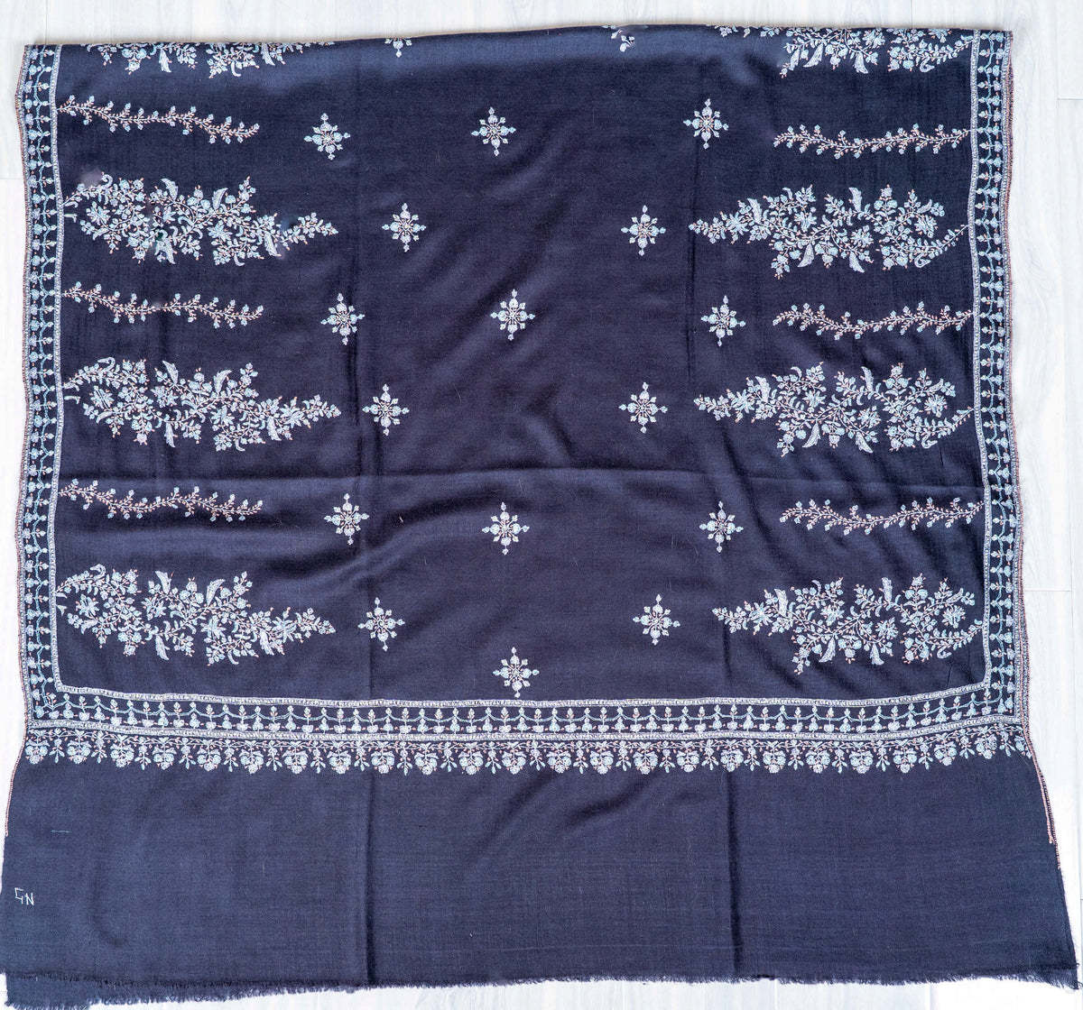 Moonlit Navy Pure Pashmina Sozni Hand Embroidered Shawl