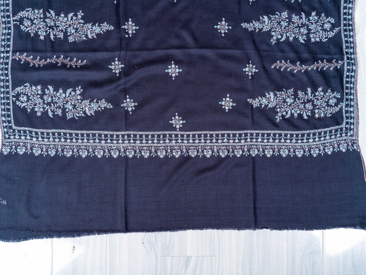 Moonlit Navy Pure Pashmina Sozni Hand Embroidered Shawl
