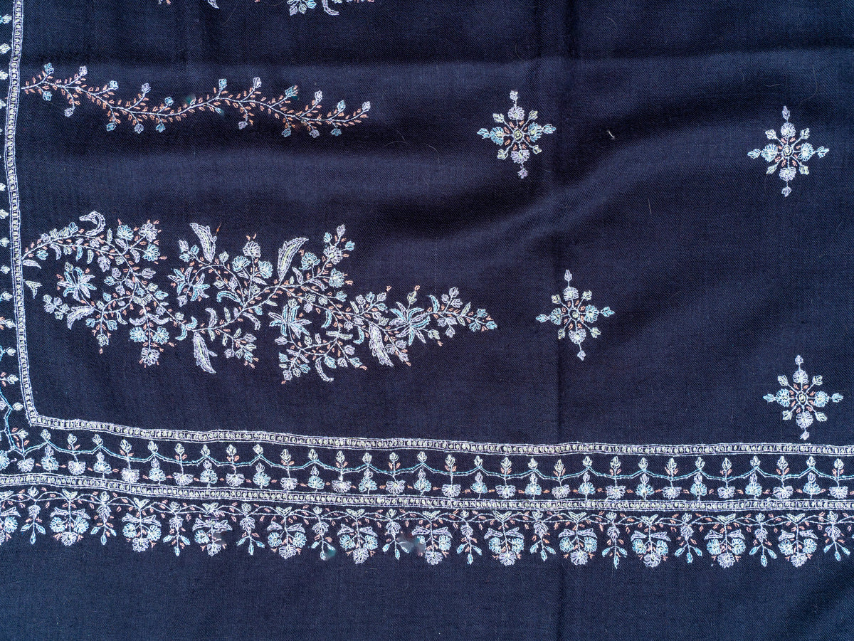 Moonlit Navy Pure Pashmina Sozni Hand Embroidered Shawl