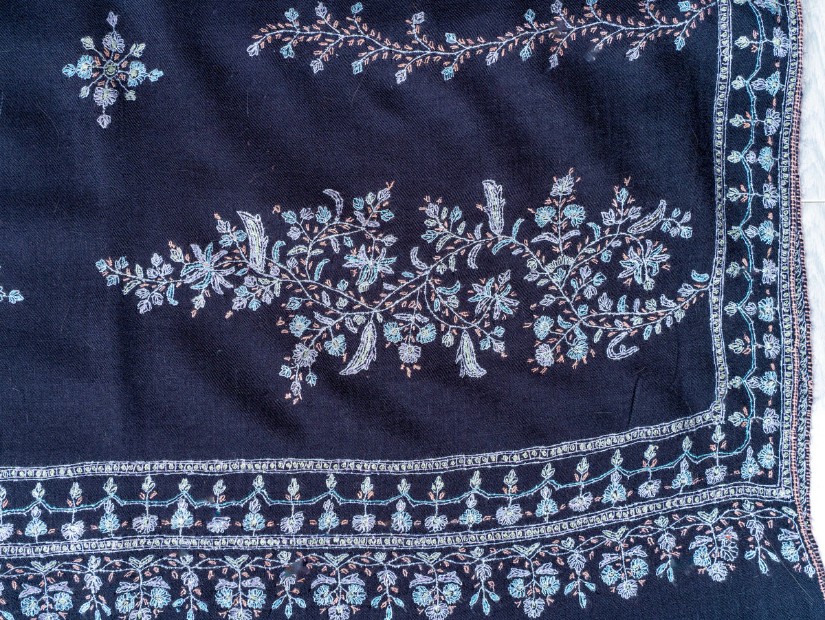 Moonlit Navy Pure Pashmina Sozni Hand Embroidered Shawl
