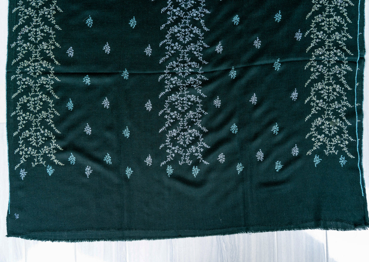 Emerald Whisper Pure Pashmina Hand Embroidered Sozni Shawl