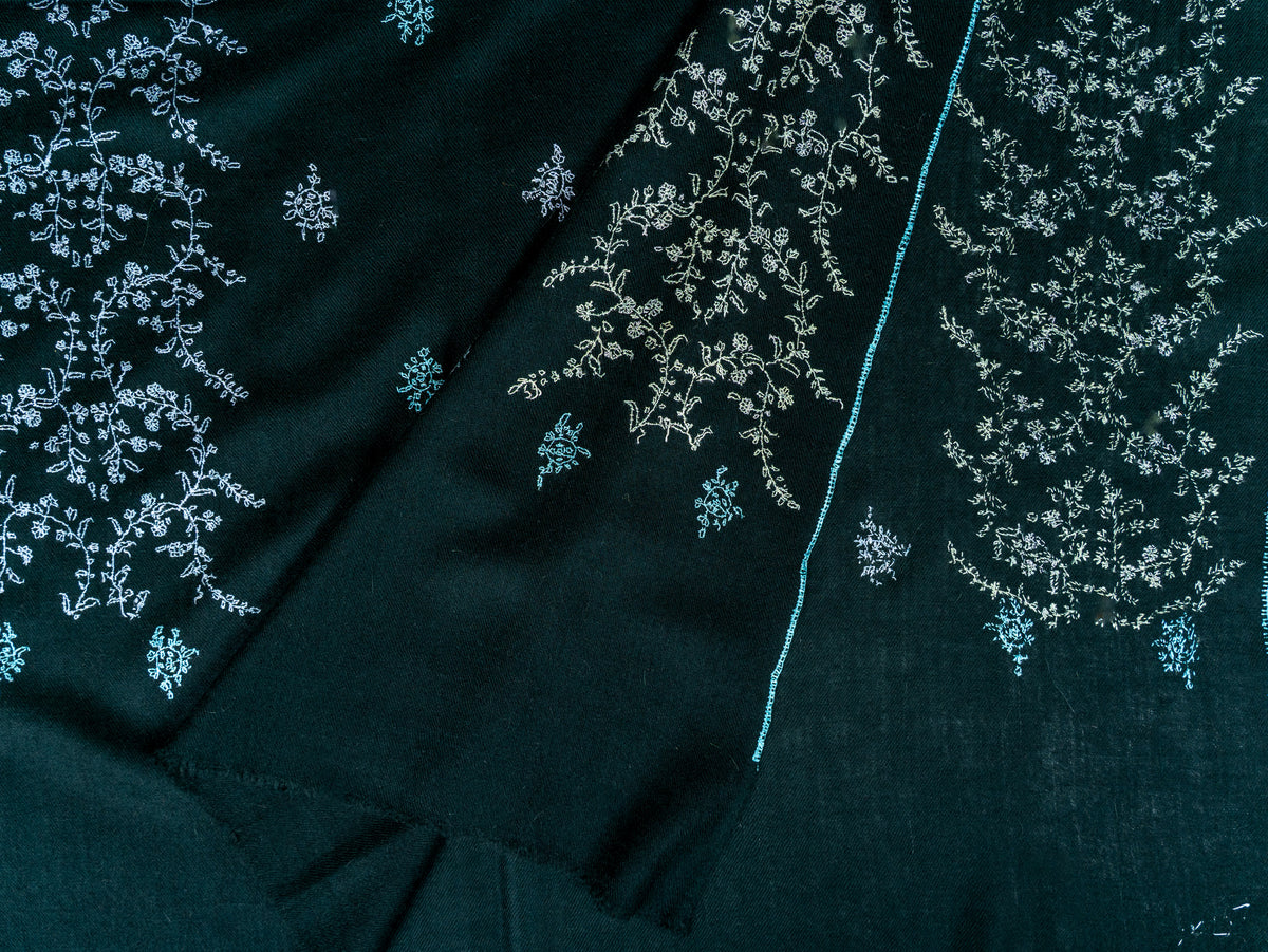 Emerald Whisper Pure Pashmina Hand Embroidered Sozni Shawl