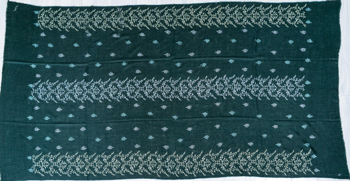 Emerald Whisper Pure Pashmina Hand Embroidered Sozni Shawl