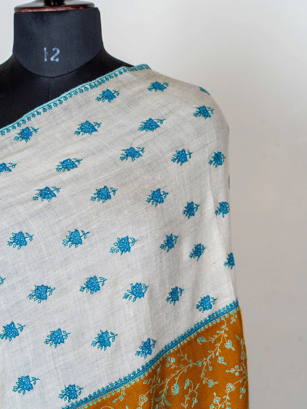 Ivory Saffron Panel Pure Pashmina Sozni Hand Embroidered Shawl
