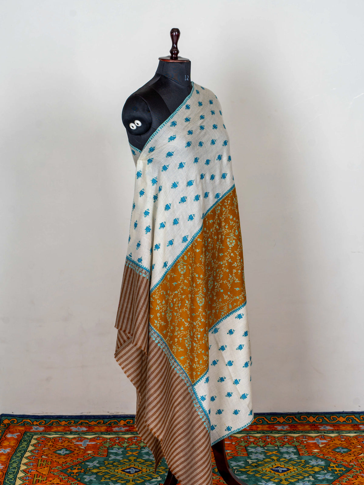 Ivory Saffron Panel Pure Pashmina Sozni Hand Embroidered Shawl