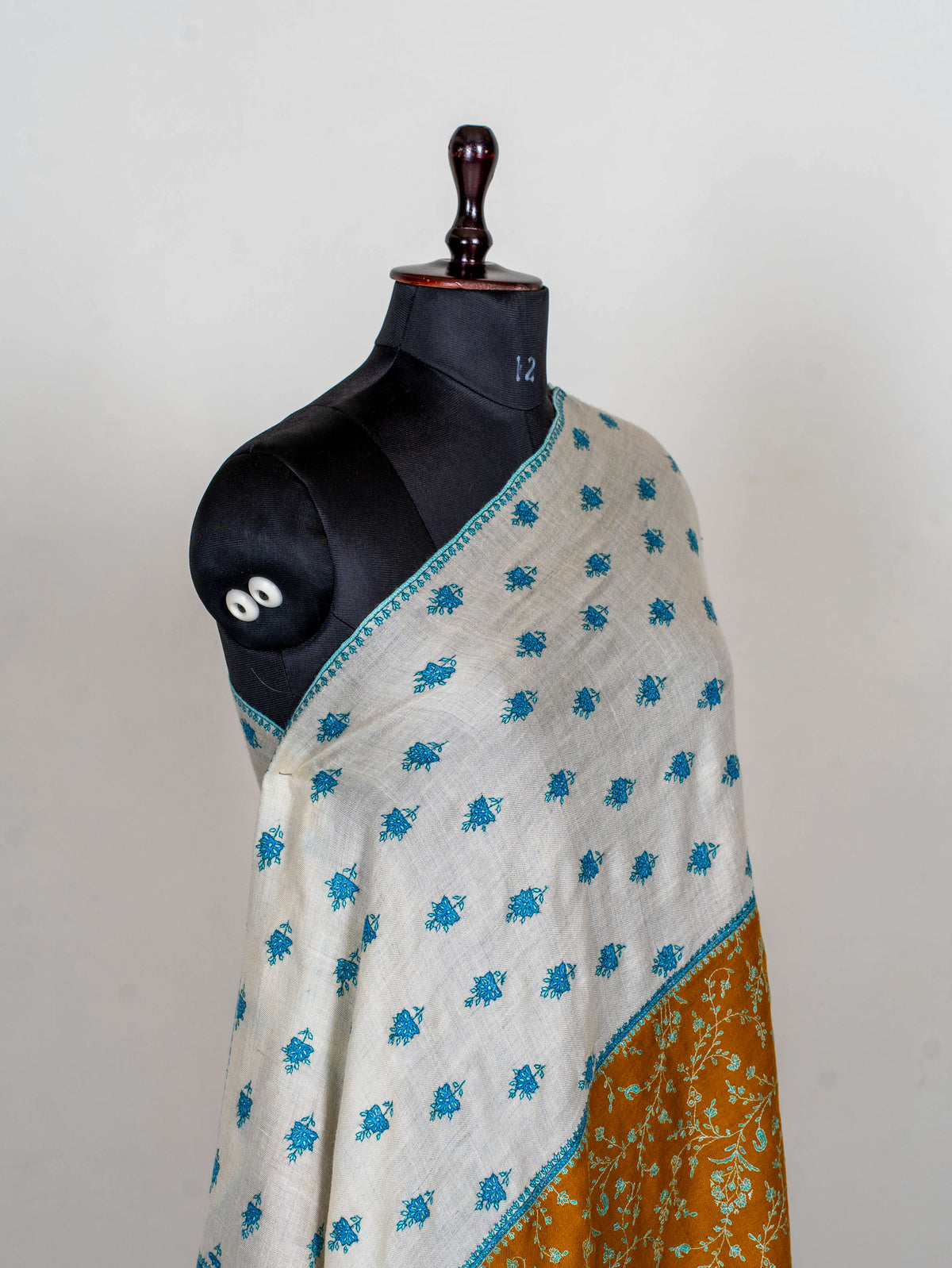 Ivory Saffron Panel Pure Pashmina Sozni Hand Embroidered Shawl