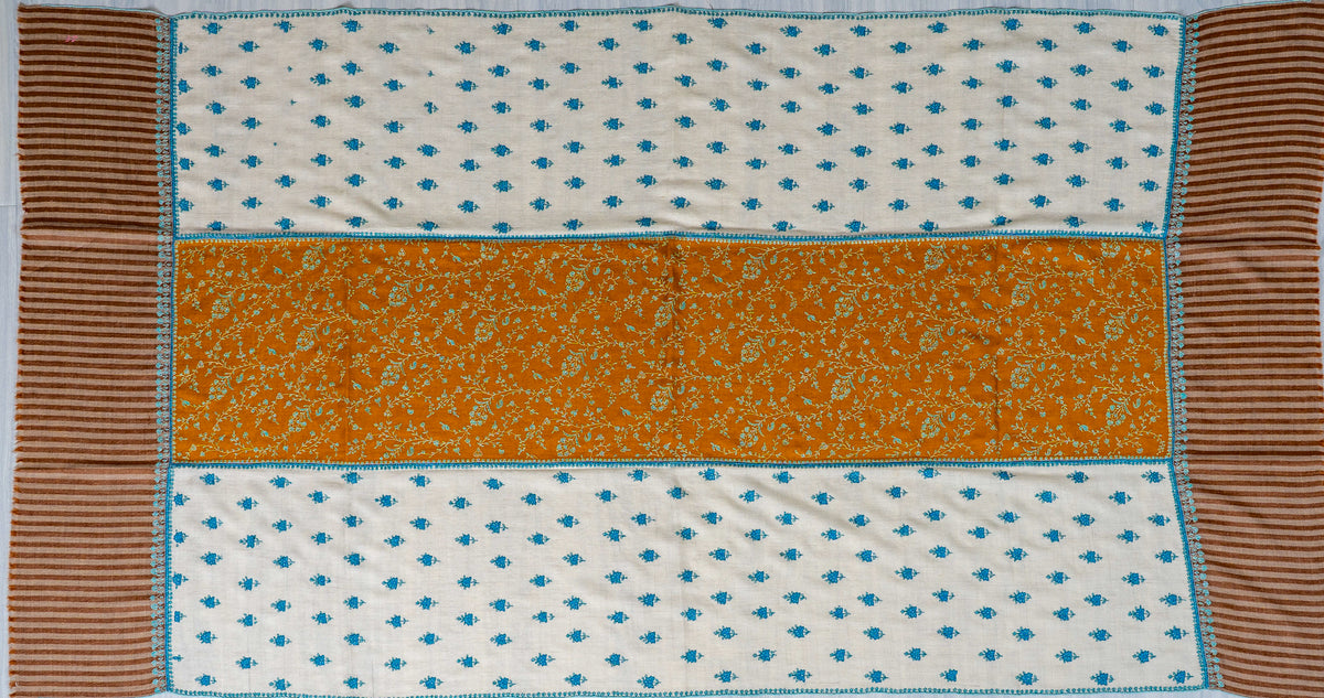 Ivory Saffron Panel Pure Pashmina Sozni Hand Embroidered Shawl