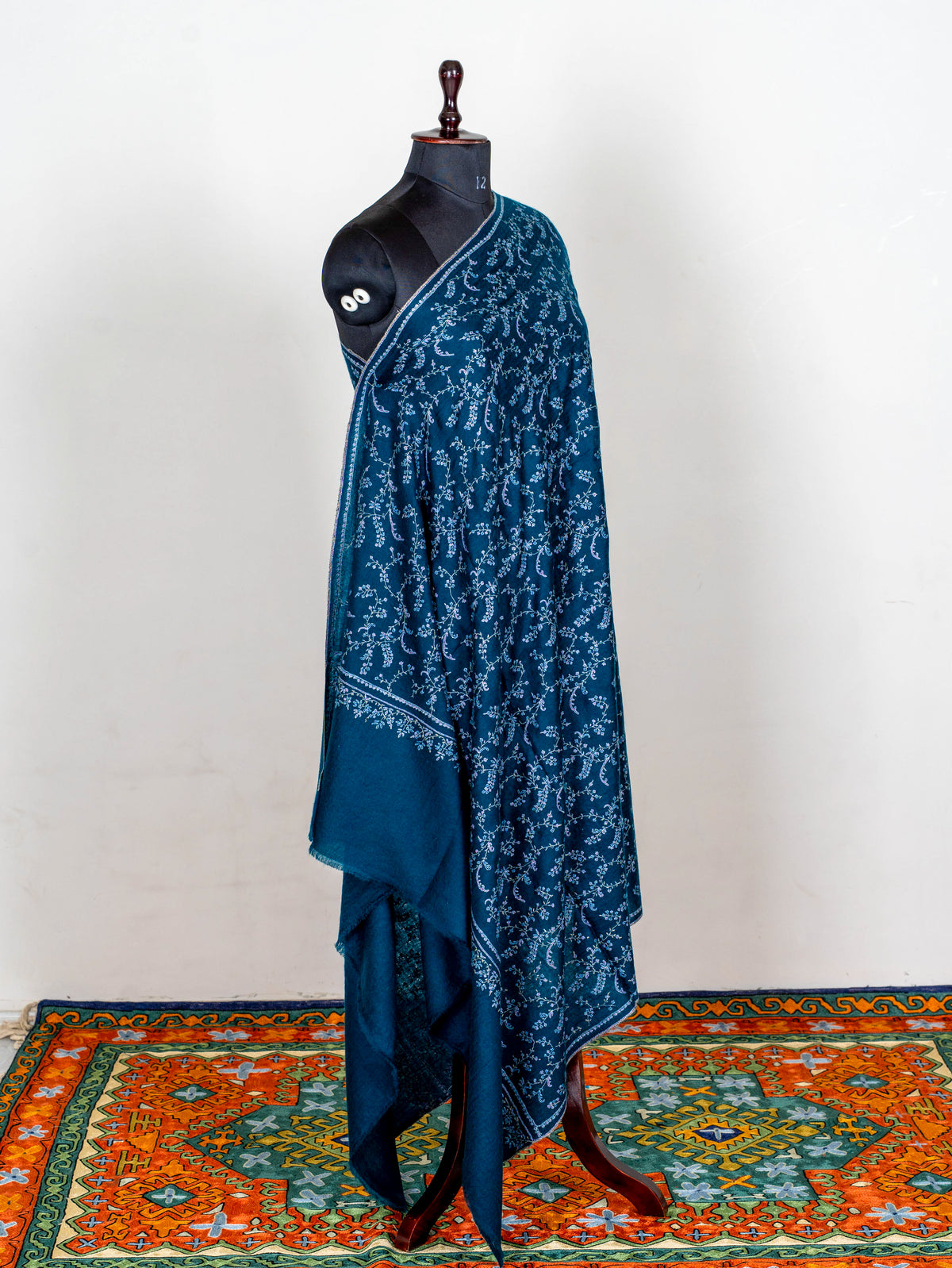Deep Teal Vine Pure Pashmina Hand Embroidered Sozni Shawl