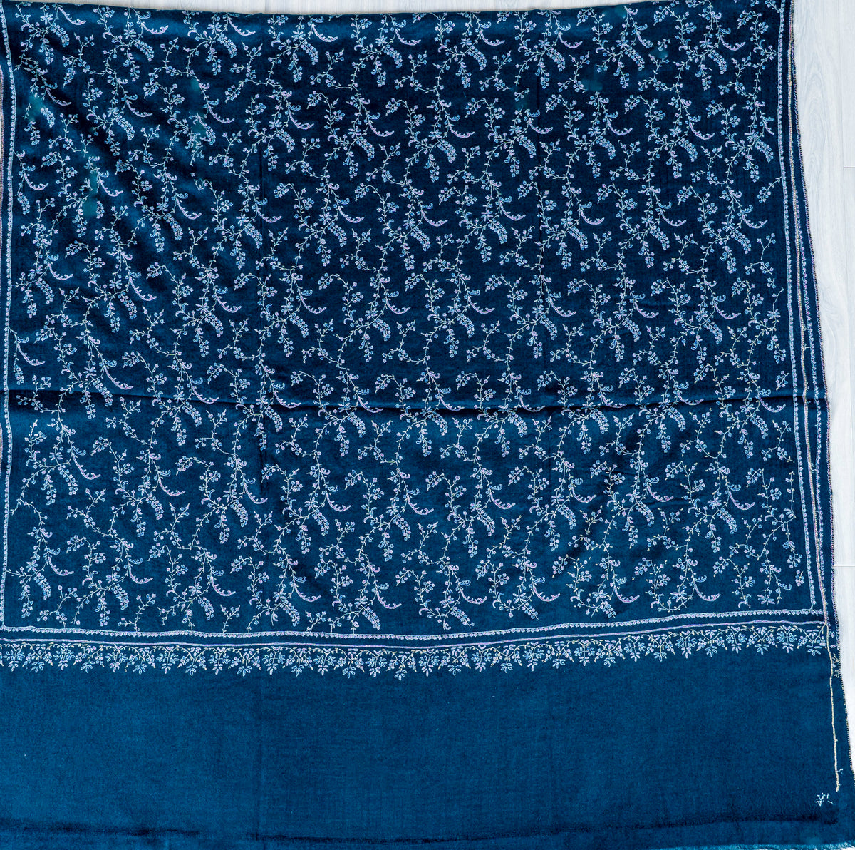 Deep Teal Vine Pure Pashmina Hand Embroidered Sozni Shawl