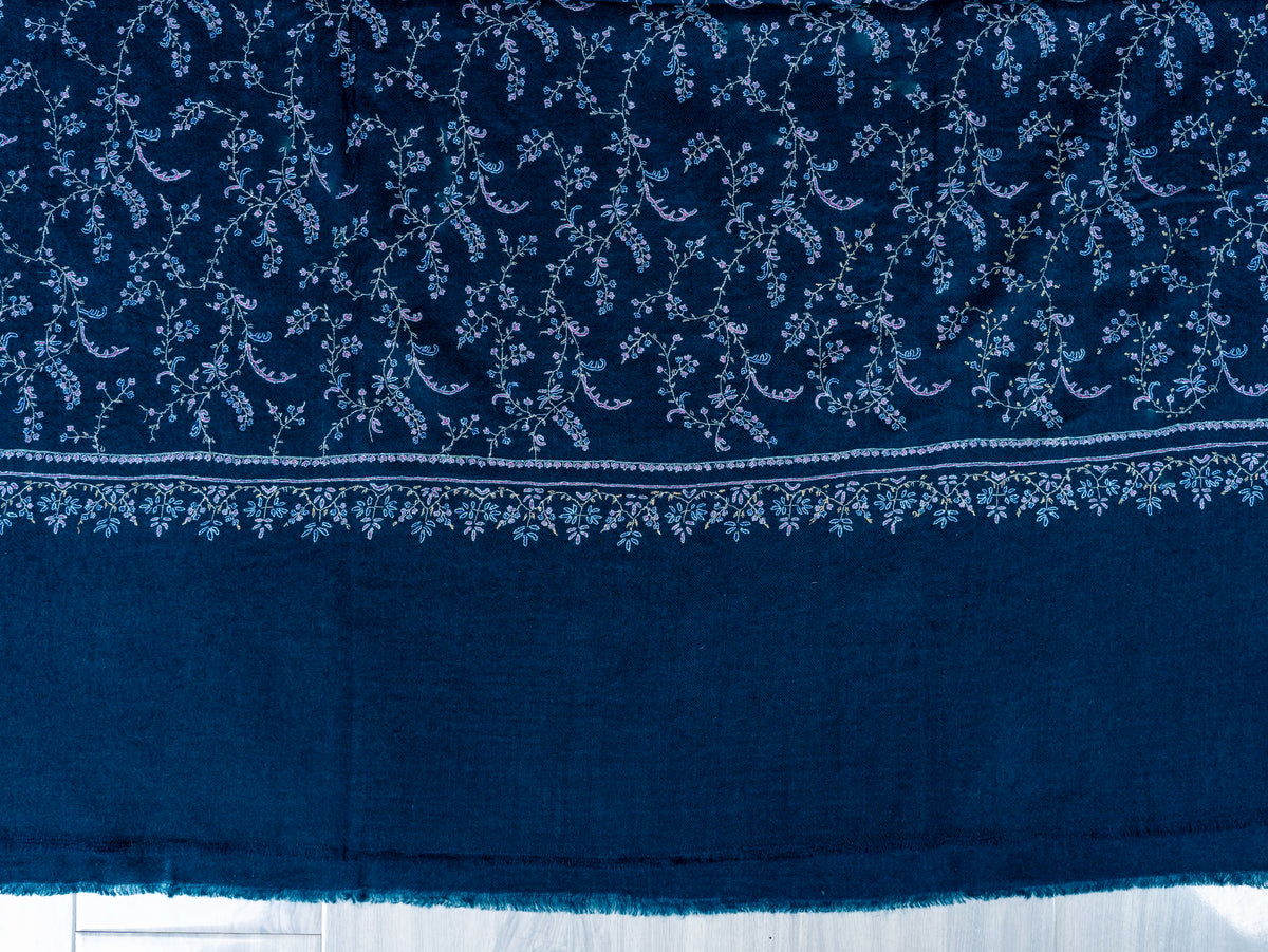 Deep Teal Vine Pure Pashmina Hand Embroidered Sozni Shawl