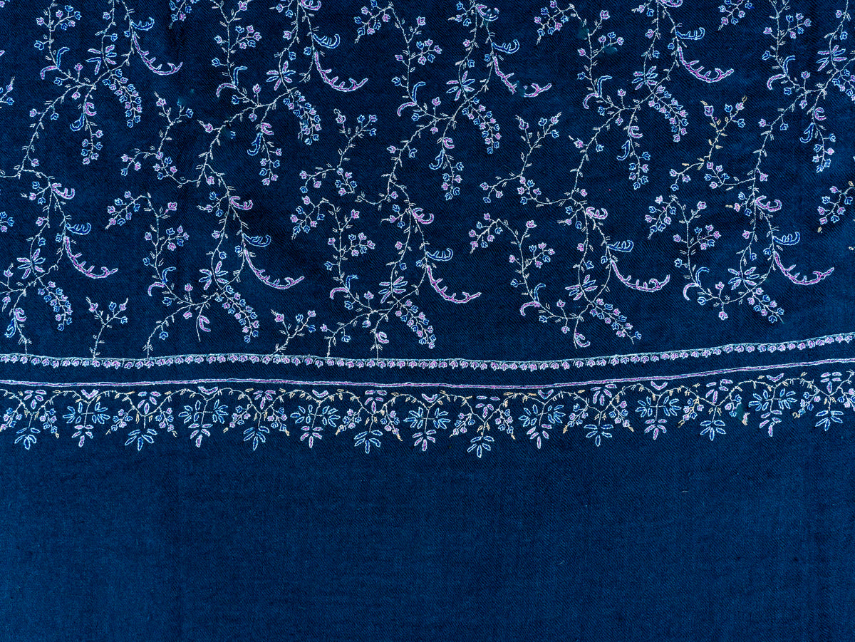 Deep Teal Vine Pure Pashmina Hand Embroidered Sozni Shawl