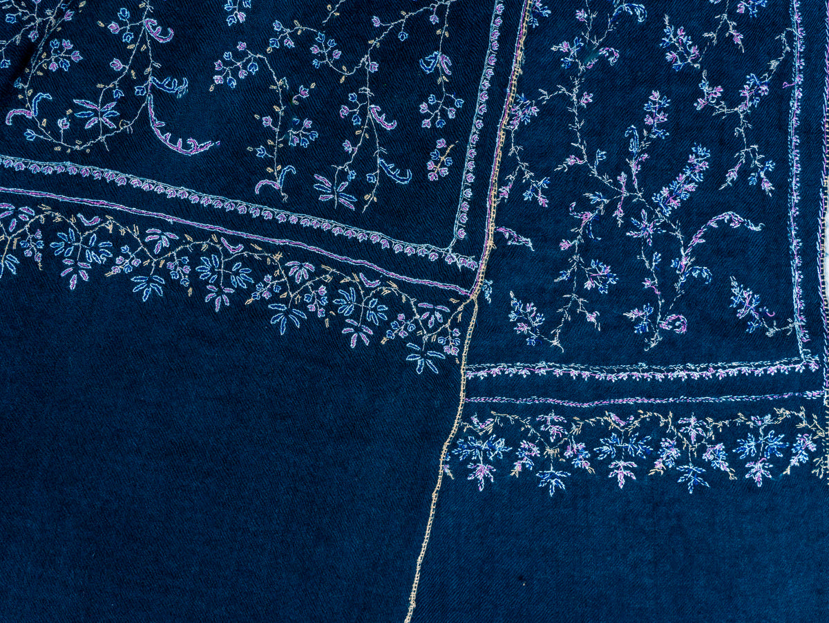 Deep Teal Vine Pure Pashmina Hand Embroidered Sozni Shawl
