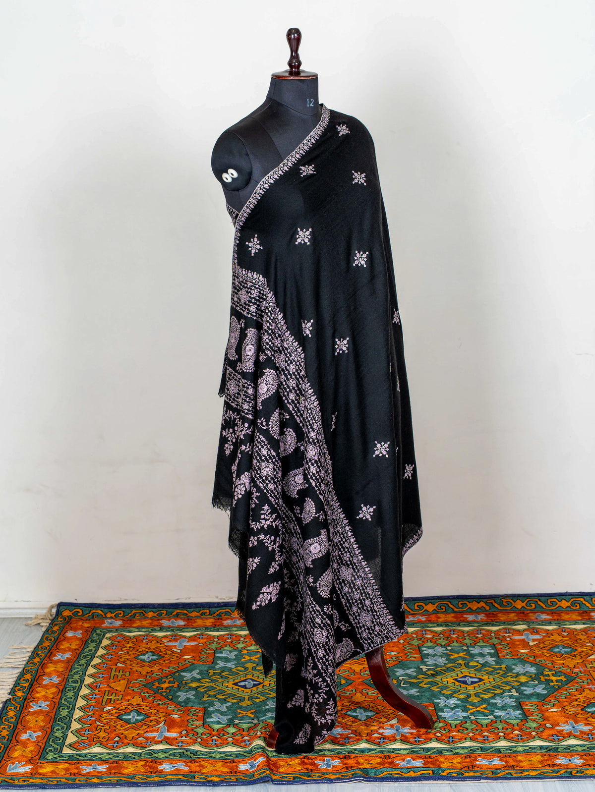 Noir Paisley Pure Pashmina Sozni Hand Embroidered Shawl