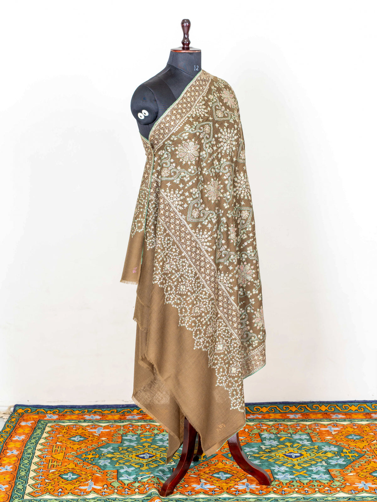 Olive Cascade Pure Pashmina Sozni Hand Embroidered Shawl