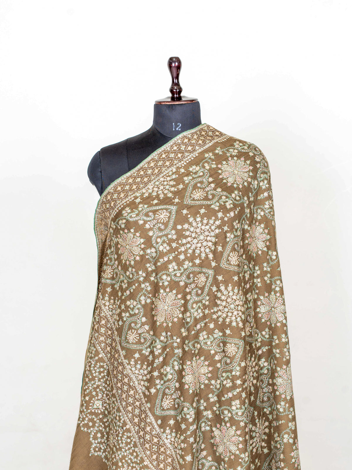 Olive Cascade Pure Pashmina Sozni Hand Embroidered Shawl