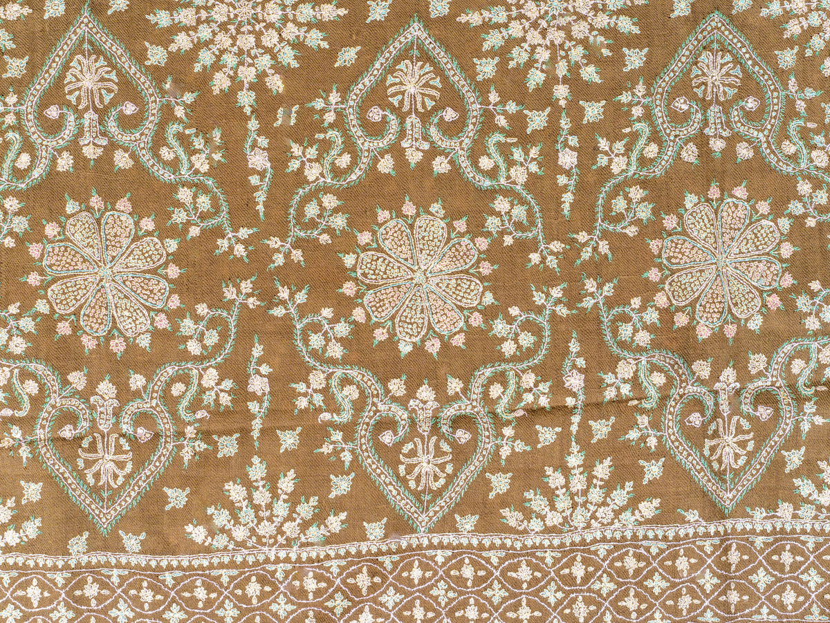 Olive Cascade Pure Pashmina Sozni Hand Embroidered Shawl