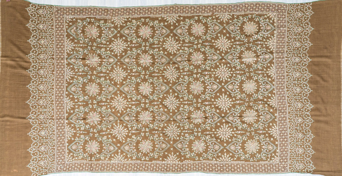 Olive Cascade Pure Pashmina Sozni Hand Embroidered Shawl