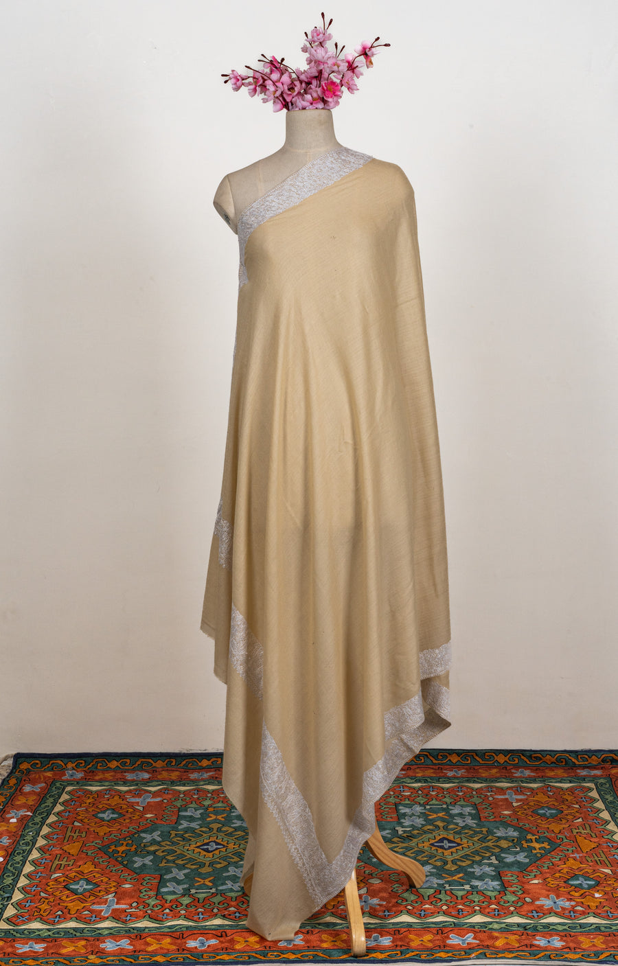 Sand Dune Elegance: Merino wool 2.5 Yards Sozni Hand Embroidered Shawl