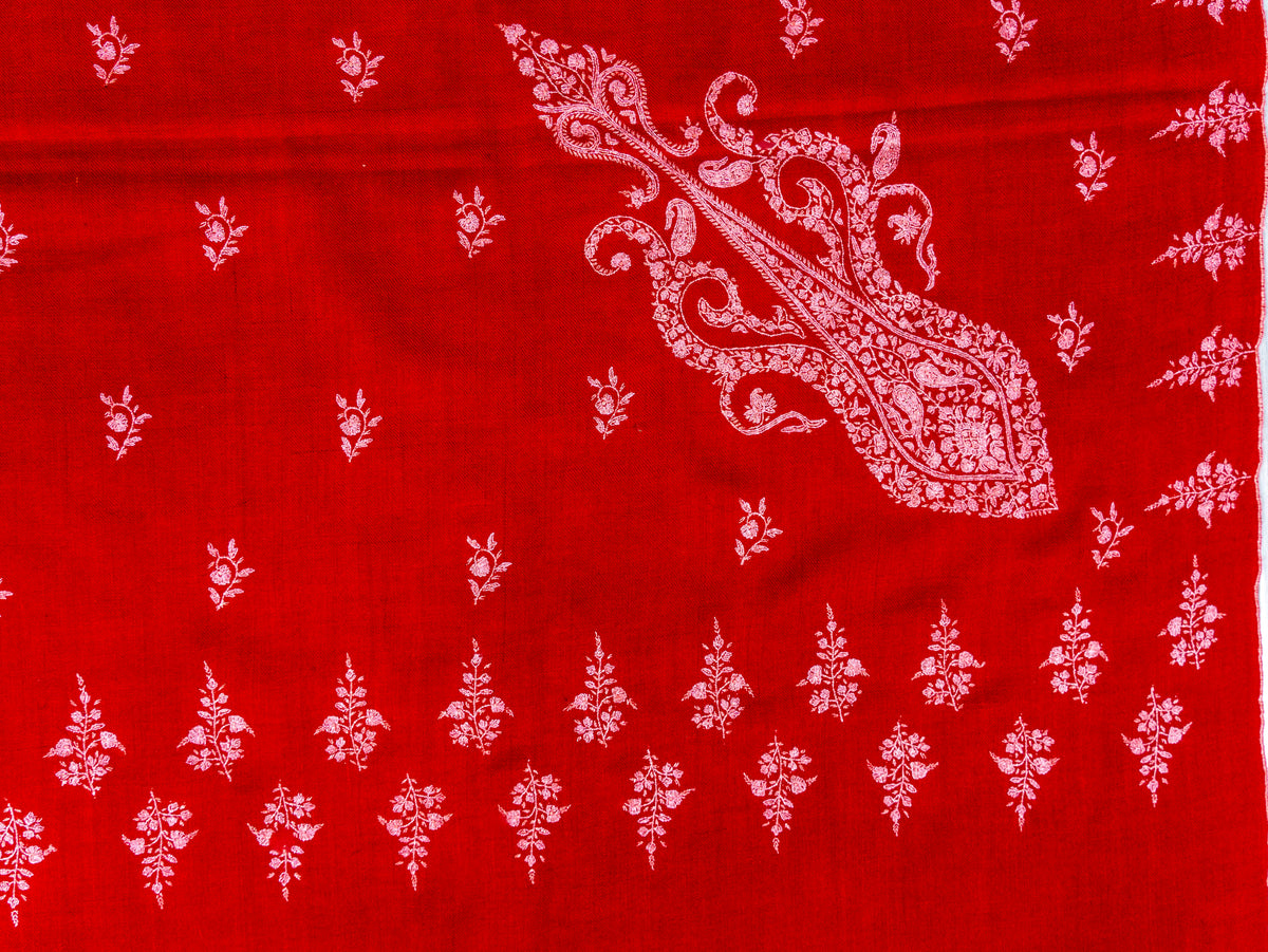 Scarlet Paisley Pure Pashmina Sozni Hand Embroidered Shawl