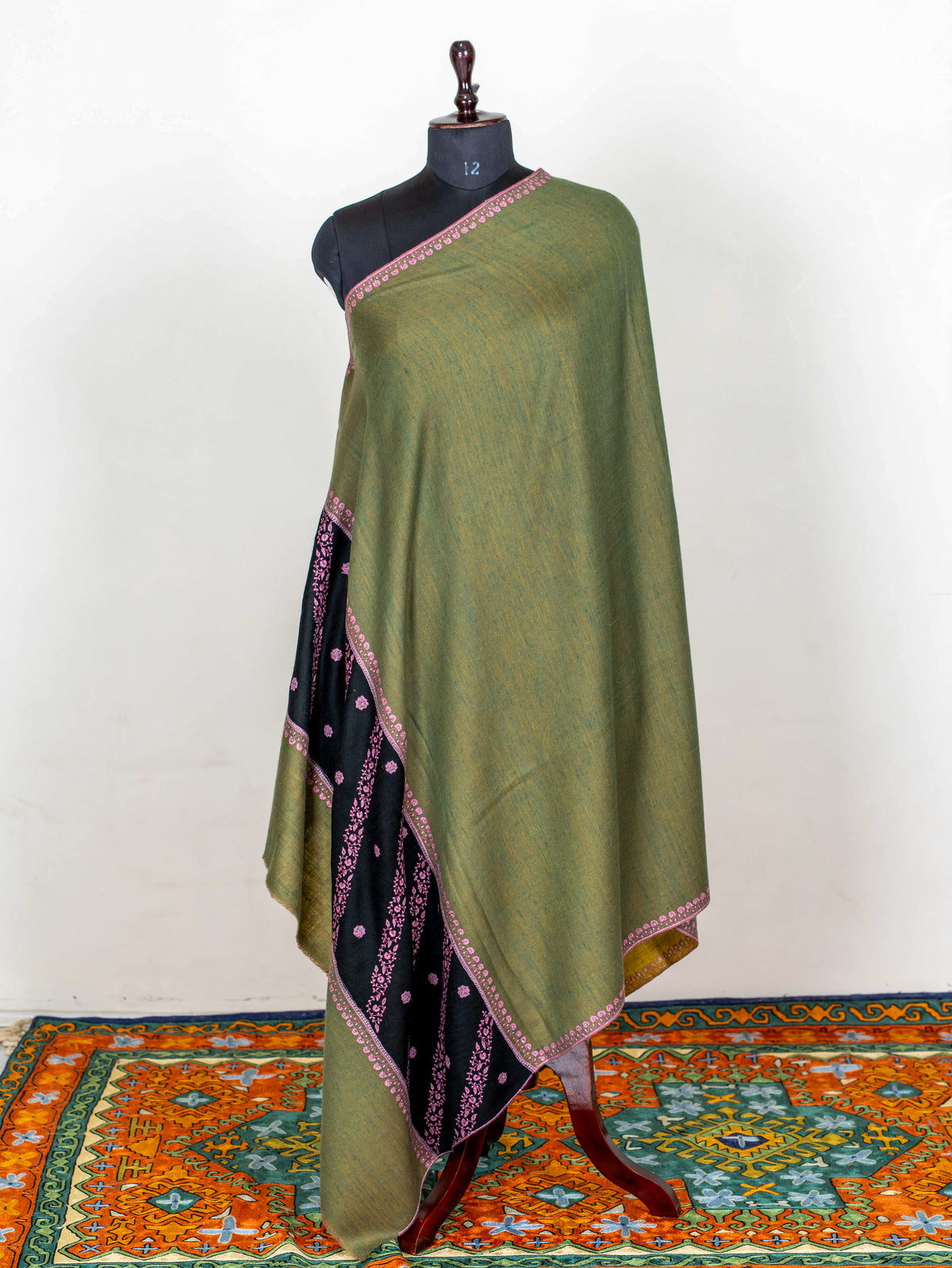 Olive Noir Pure Pashmina Hand Embroidered Sozni Shawl