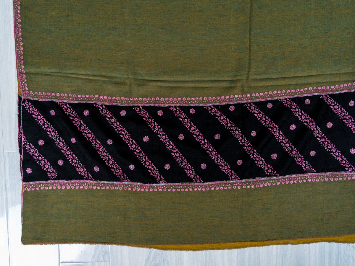 Olive Noir Pure Pashmina Hand Embroidered Sozni Shawl