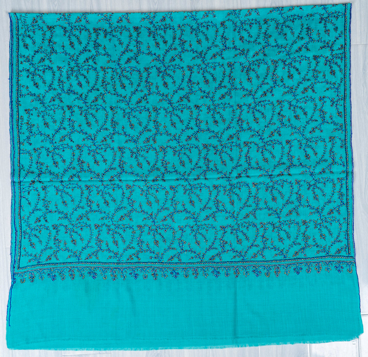 Turquoise Trellis Pure Pashmina Sozni Hand Embroidered Shawl