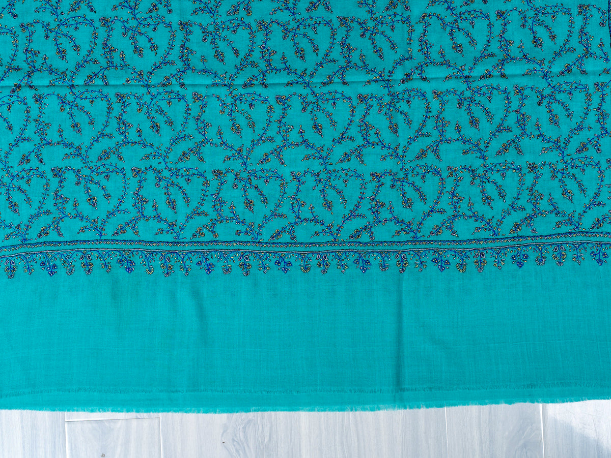 Turquoise Trellis Pure Pashmina Sozni Hand Embroidered Shawl