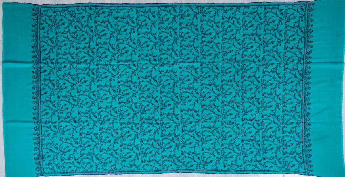 Turquoise Trellis Pure Pashmina Sozni Hand Embroidered Shawl