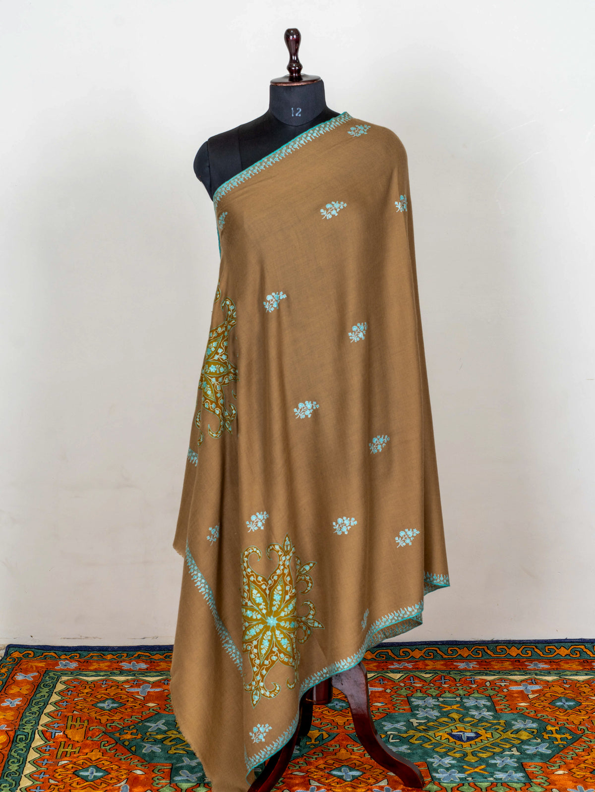 Camel Turquoise Pure Pashmina Hand Embroidered Sozni Shawl