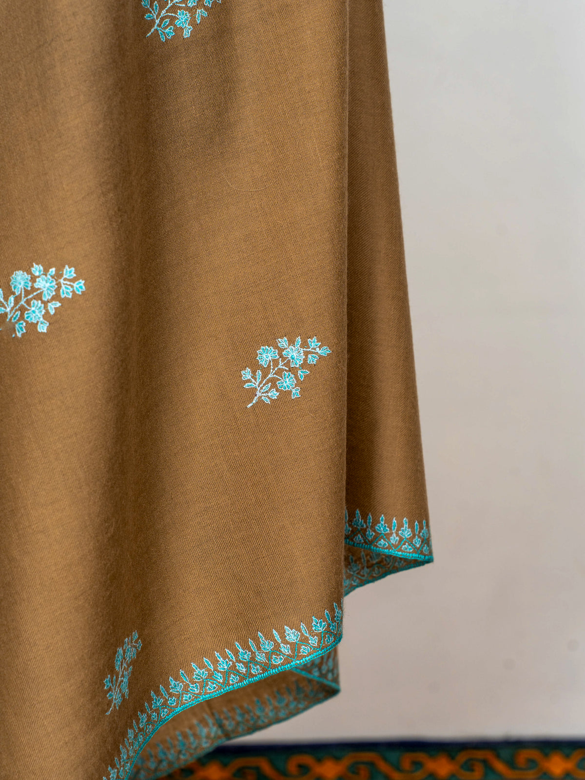 Camel Turquoise Pure Pashmina Hand Embroidered Sozni Shawl