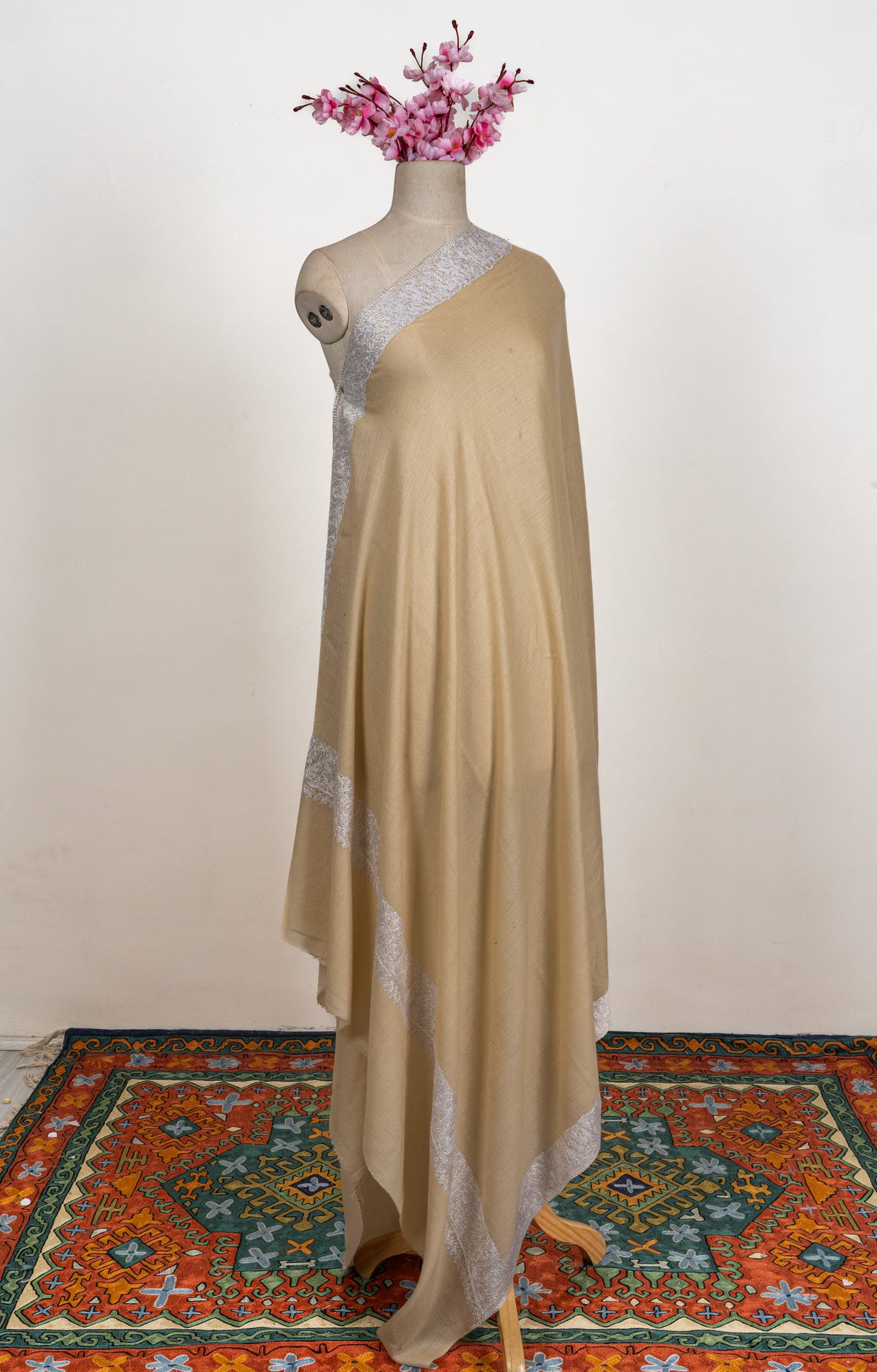 Sand Dune Elegance: Merino wool 2.5 Yards Sozni Hand Embroidered Shawl