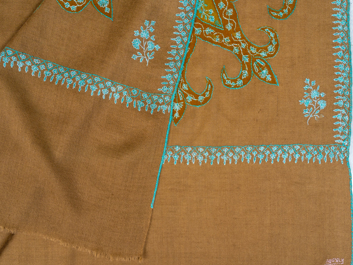 Camel Turquoise Pure Pashmina Hand Embroidered Sozni Shawl