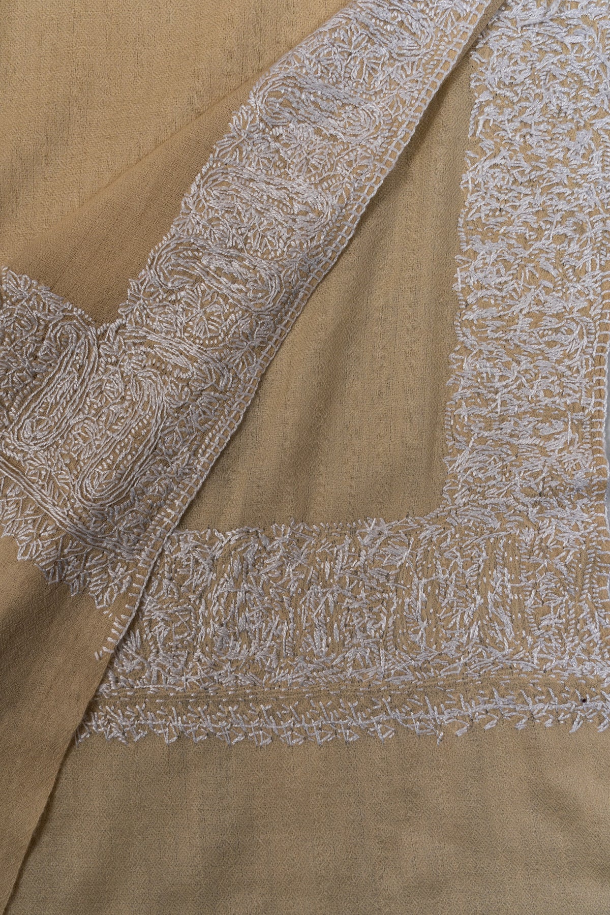 Sand Dune Elegance: Merino wool 2.5 Yards Sozni Hand Embroidered Shawl