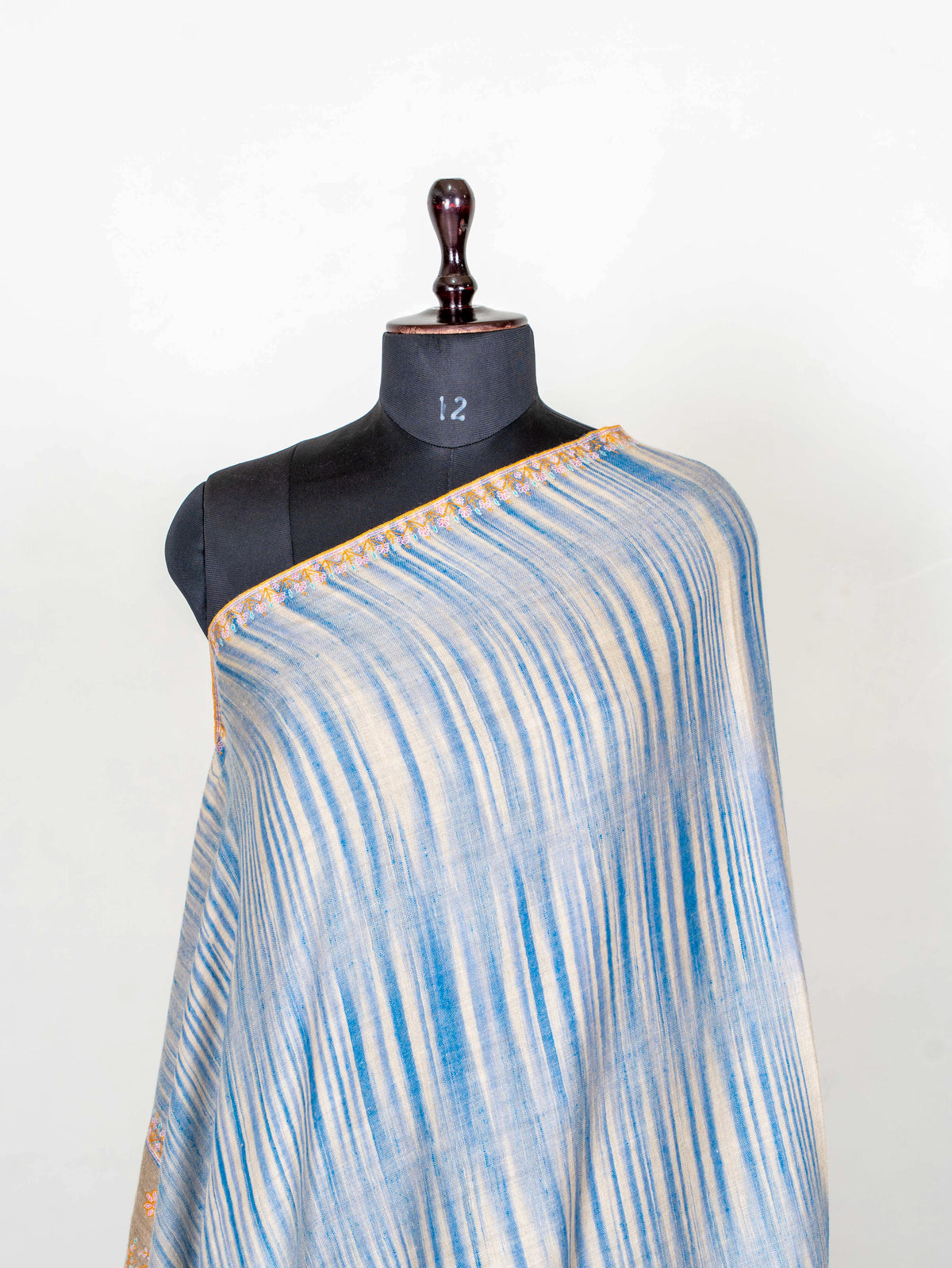 Azure Stripe Pure Pashmina Sozni Hand Embroidered Shawl