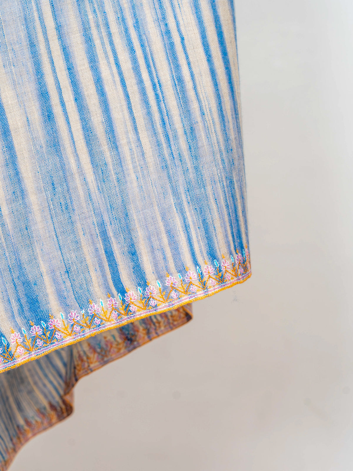 Azure Stripe Pure Pashmina Sozni Hand Embroidered Shawl