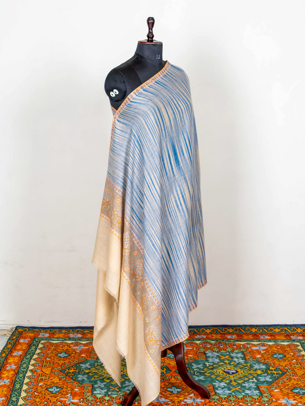 Azure Stripe Pure Pashmina Sozni Hand Embroidered Shawl
