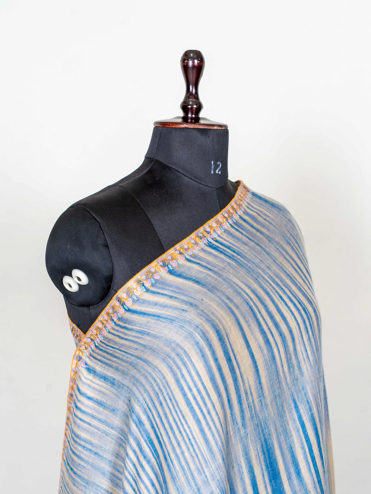 Azure Stripe Pure Pashmina Sozni Hand Embroidered Shawl