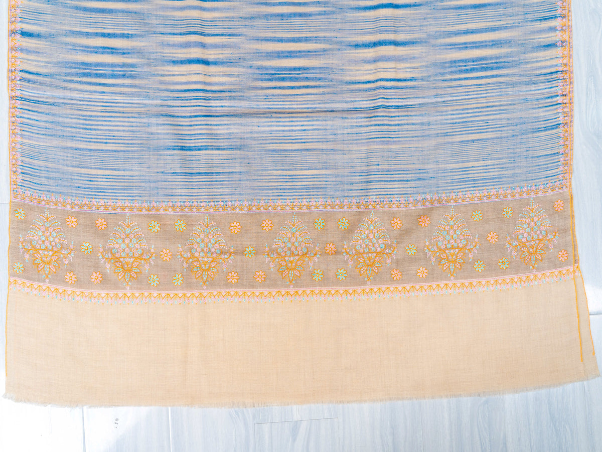 Azure Stripe Pure Pashmina Sozni Hand Embroidered Shawl