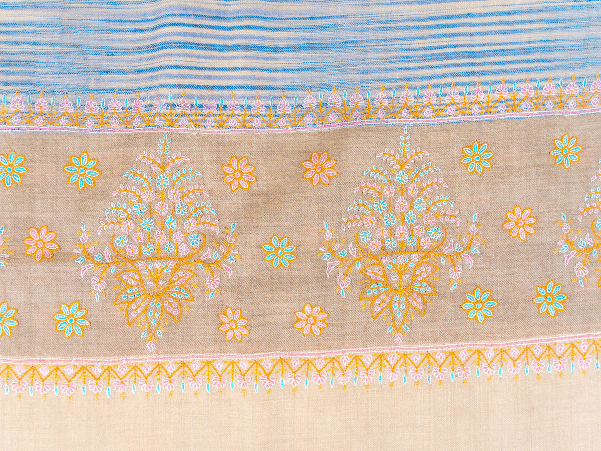 Azure Stripe Pure Pashmina Sozni Hand Embroidered Shawl