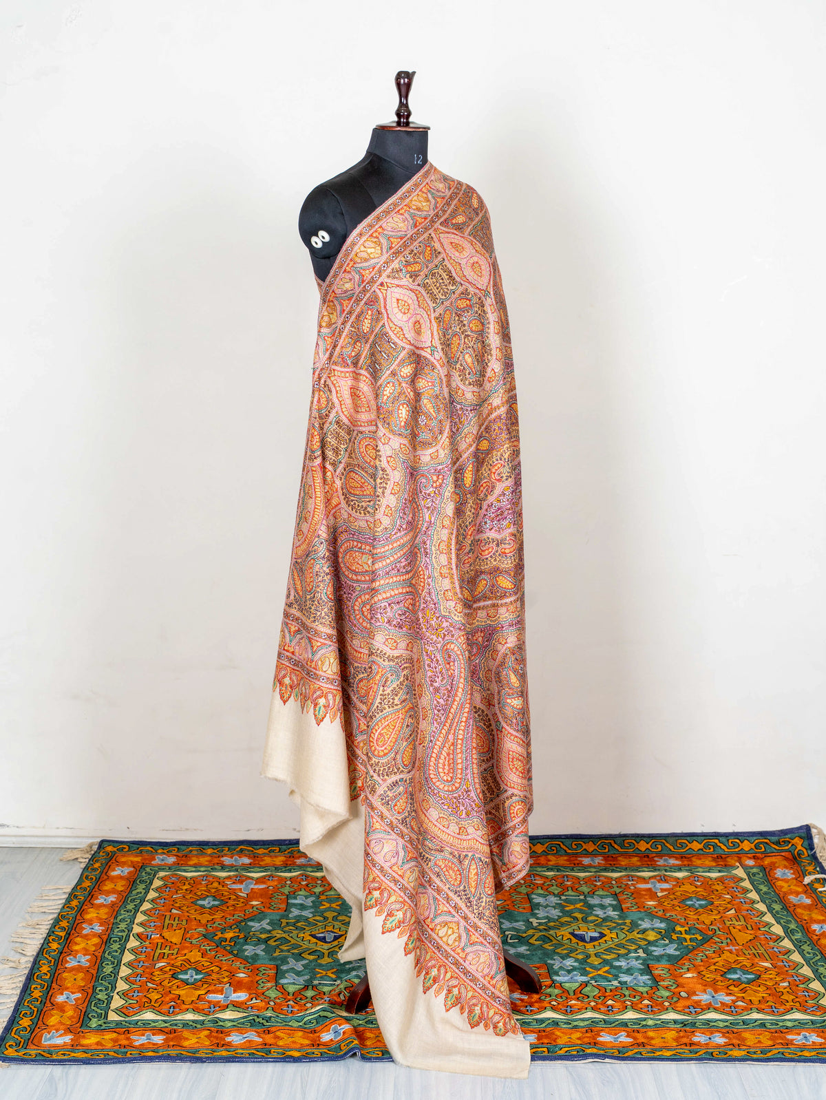 3 yards Heritage Paisley Pure Pashmina Hand Embroidered Sozni Shawl