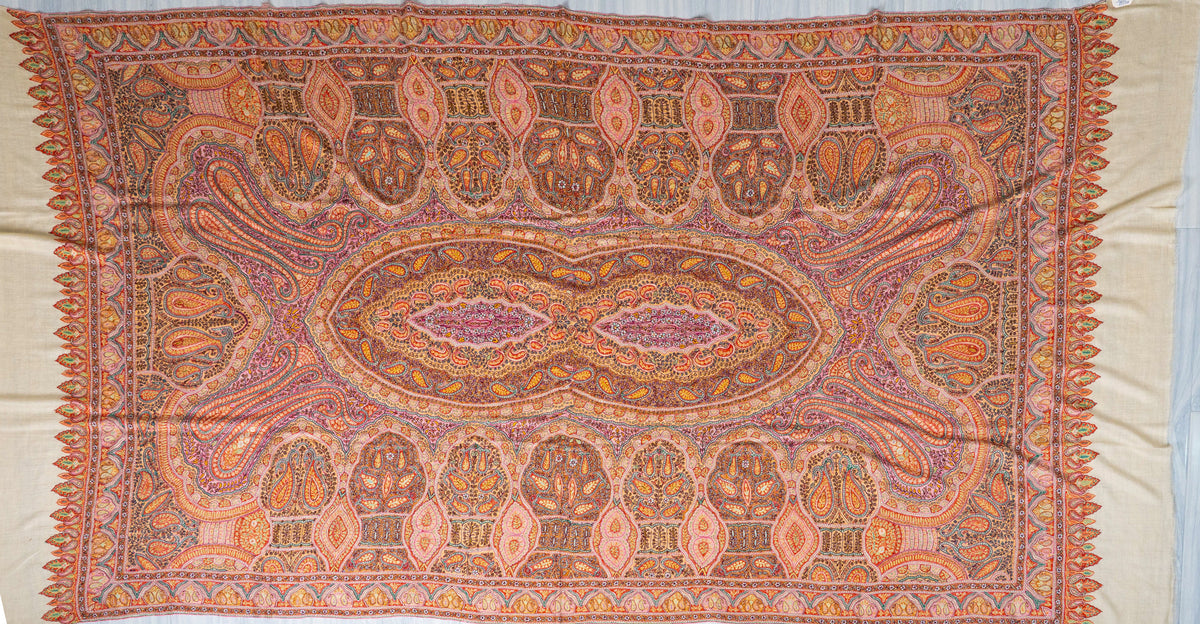 3 yards Heritage Paisley Pure Pashmina Hand Embroidered Sozni Shawl