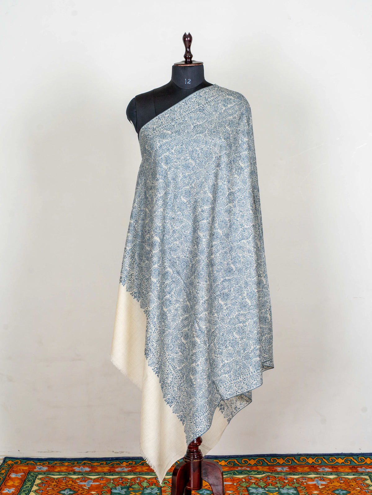 Blue Porcelain Pure Pashmina Sozni Hand Embroidered Shawl